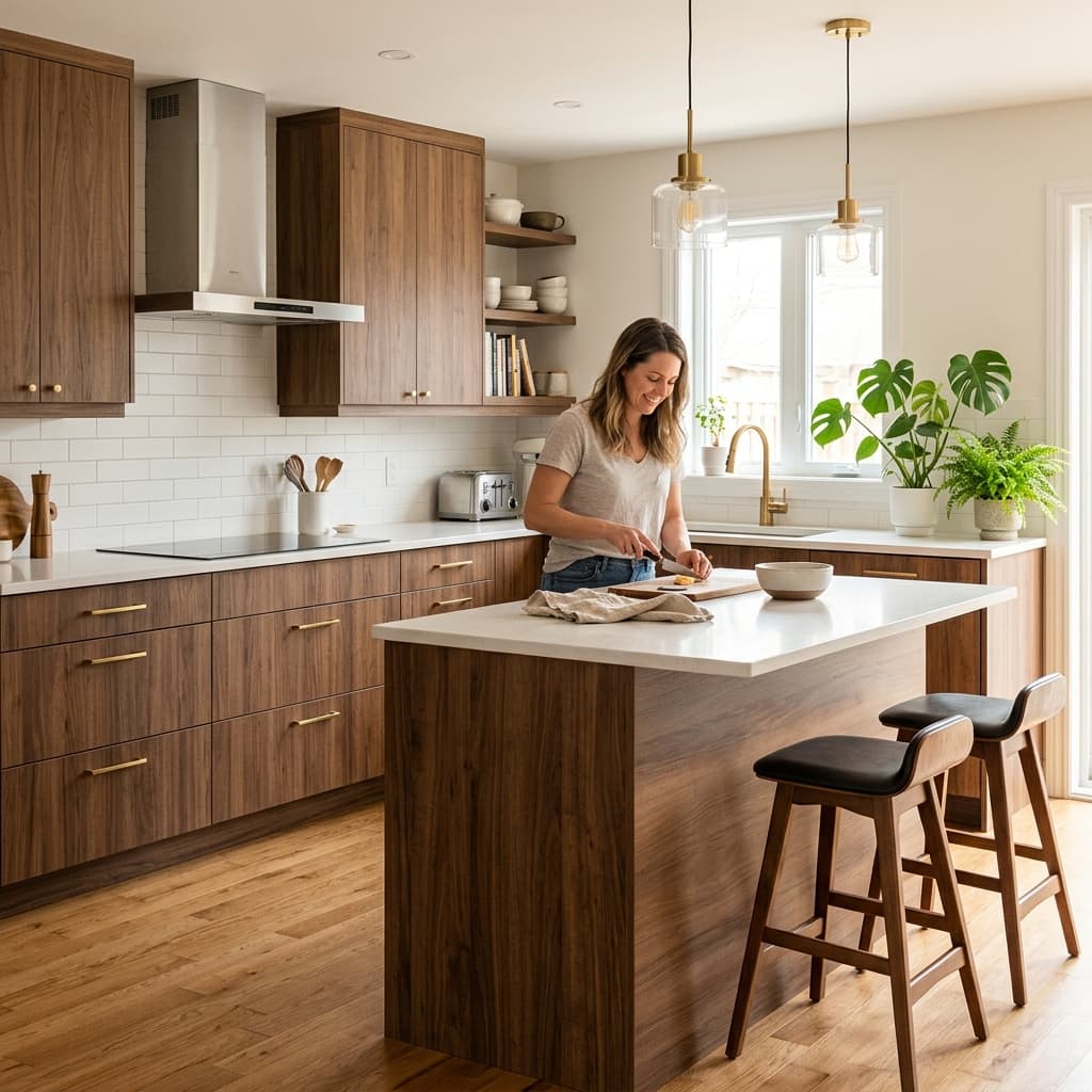 Cozinha moderna com adesivo imitação madeira