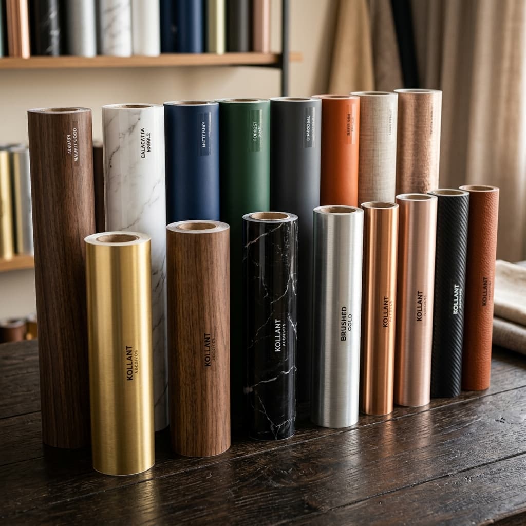 Rolos de adesivos decorativos em diversas texturas e cores