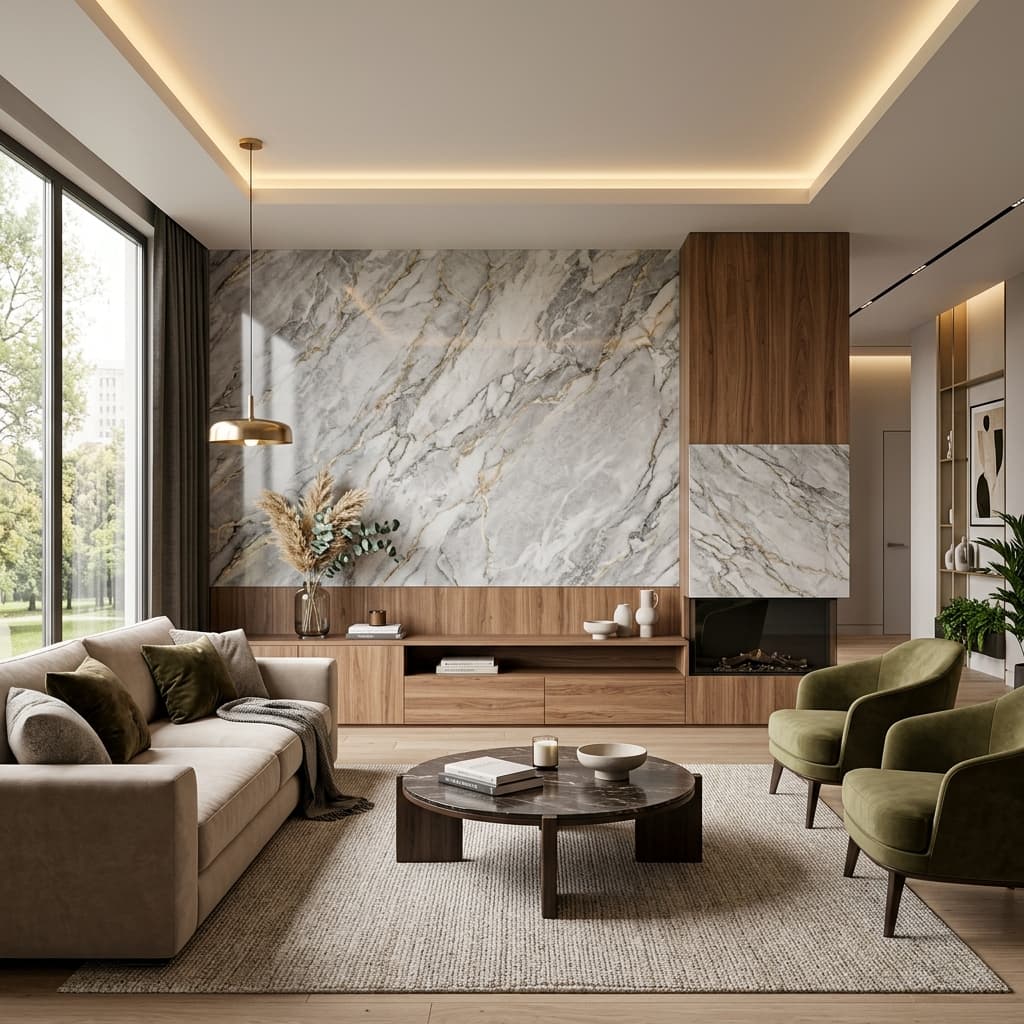 Ambiente decorado com adesivos imitação mármore e madeira
